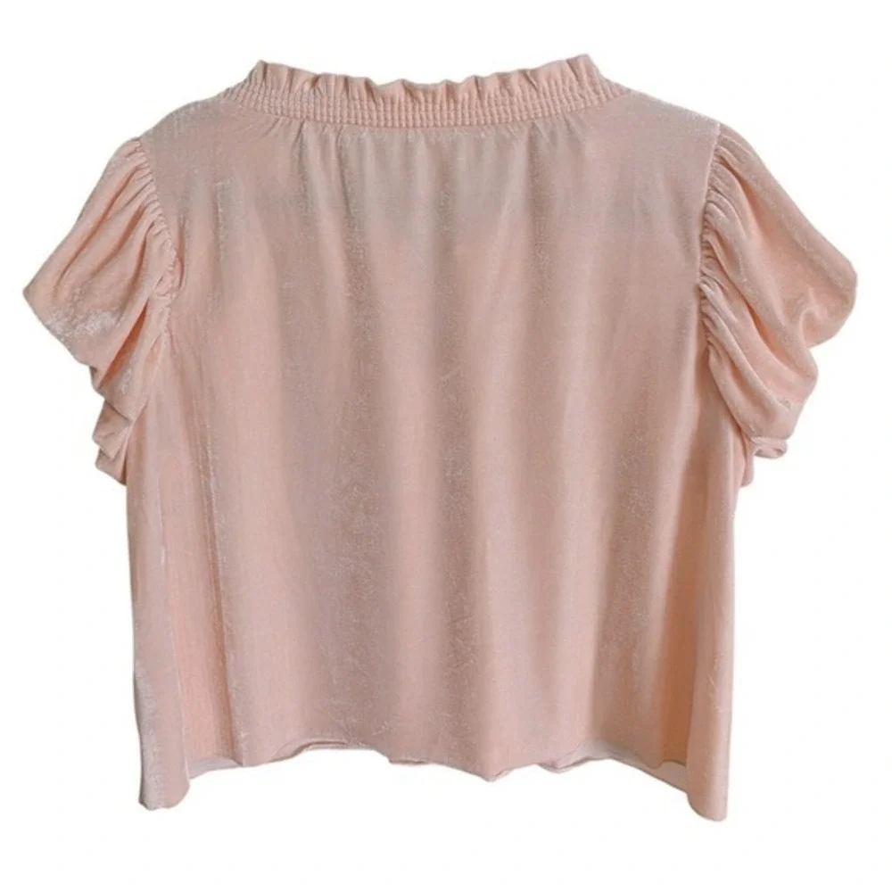 Free People Coquette Boho Chic Peach Pink Peasant Puff Sleeve Velvet Blouse